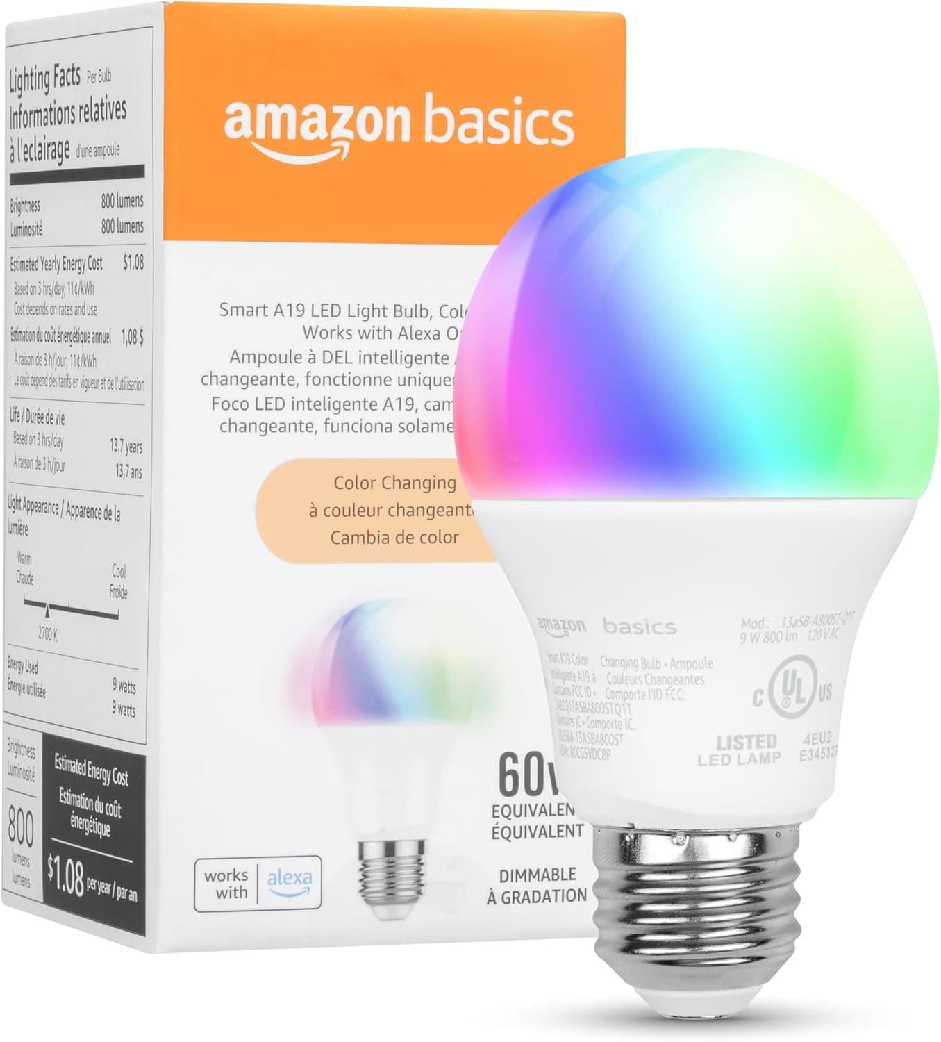 Amazon Basics Smart A19 LED Bulb, Color Changing, 9W, 800 LM